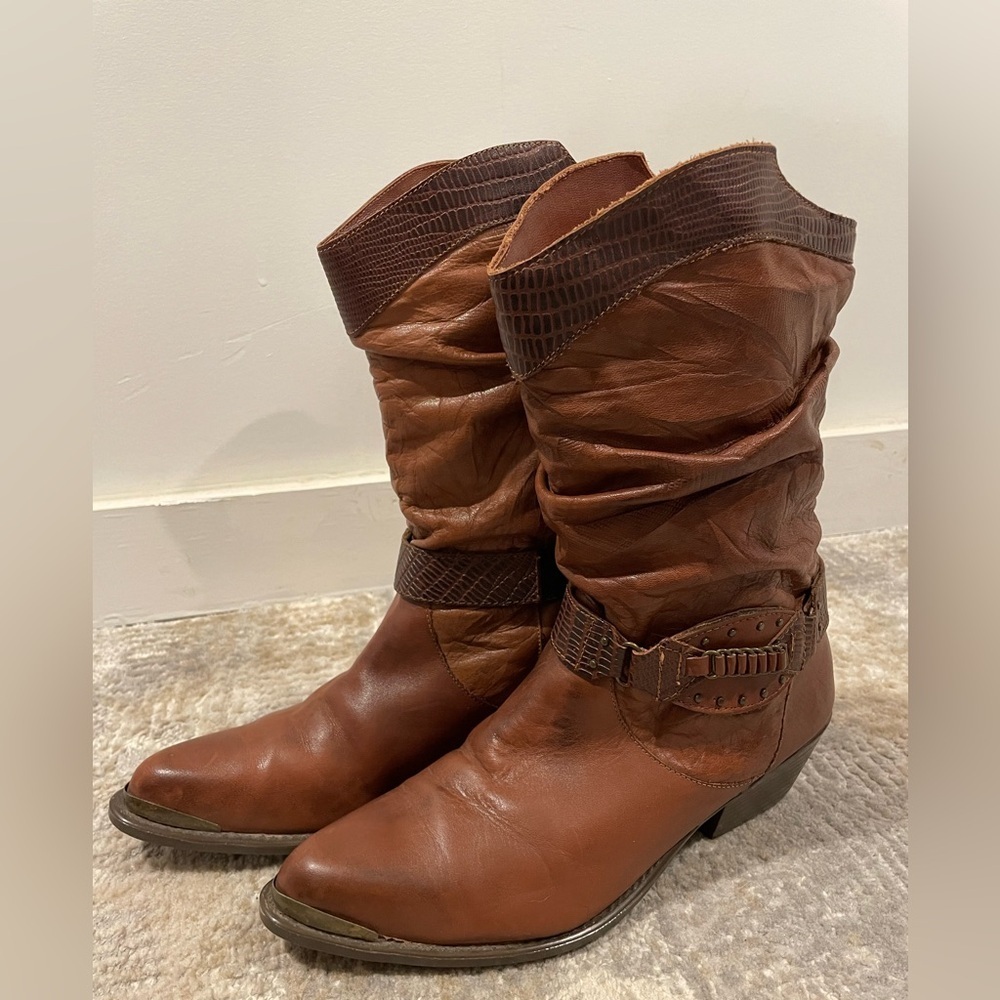 Mobility Sport Genuine Leather Cowboy Cowgirl Brown Heeled Boots Slouchy Sz 10B